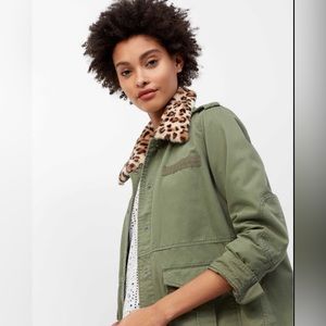 Gap Green Utility Jacket with Removable Cheetah Faux Fur Collar
